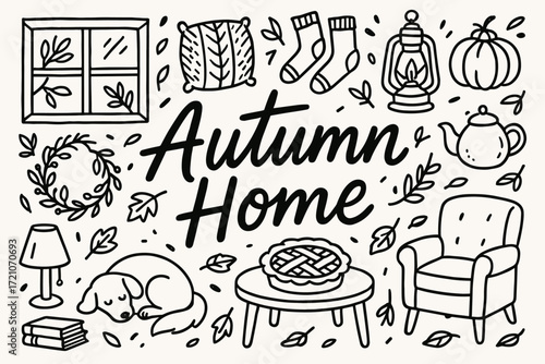 Autumn home comfort outline icon set. cozy seasonal ambiance, fall decor line collection