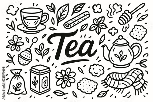 Tea, herbal beverage outline icon set. teapot, cup, leaves, herbs outline collection