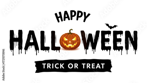 Happy Halloween with Pumpkin Illustration: This vector artwork shows the traditional symbols for celebrating Halloween. A carving pumpkin is in the center to represent the celebration.