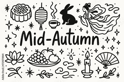 Mid-autumn festival outline icon set. mooncake, lantern, festival symbols collection