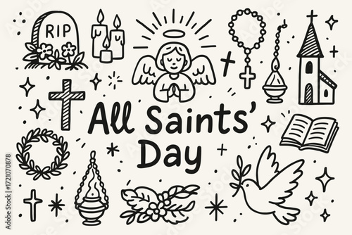 All saints' day outline icon set. religious, celebration, holiday symbols collection