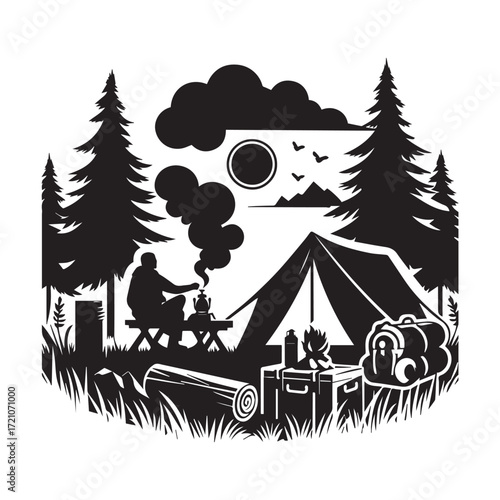 Silhouette of a solo camper enjoying a warm drink by a campfire next to a tent in a forest setting