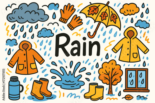 Weather elements 3d icon set. rainy day, autumn, umbrella, cloud icons collection