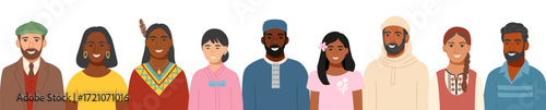 Portraits of men and women of different ethnicities or nationalities in traditional clothing. Concept of equality, cultural diversity, friendship, inclusion. Vector template in a flat style.