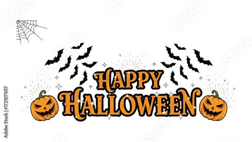 Spooky Halloween Decoration: Halloween-themed design with pumpkins, bats, and a spider web. This graphic features Happy Halloween lettering to celebrate the holiday.