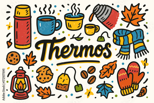 Autumn, cozy doodle icon set. fall, tea, scarf, warm beverage outline collection