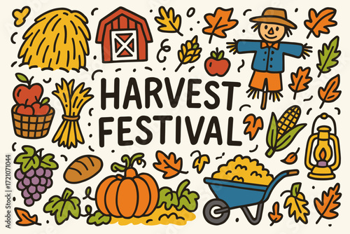 Harvest festival flat icon set. autumn celebration, food, nature flat icons collection