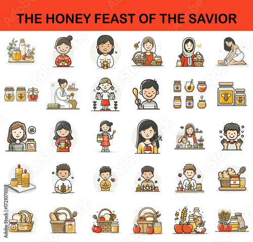 Honey feast celebration icons with diverse participants and activities  