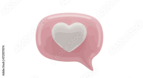 A 3D rendered image of a pink speech bubble with a white heart inside, representing love.