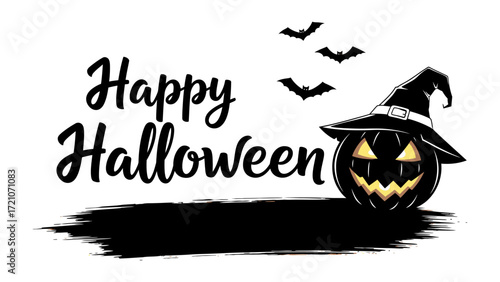 Spooky Halloween Imagery: A playful Halloween composition, featuring a grinning jack-o'-lantern wearing a witch's hat, flying bats and elegant font.
