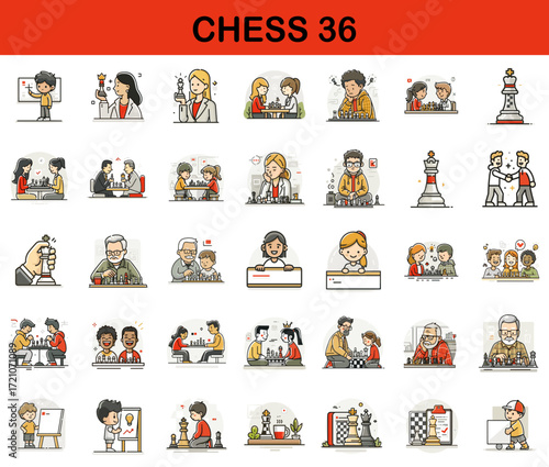 Chess-themed illustrations of players engaging in matches and activities  