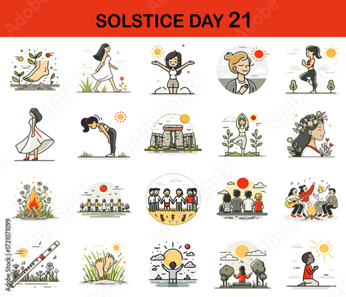 Illustrations of people celebrating Solstice Day with various activities  