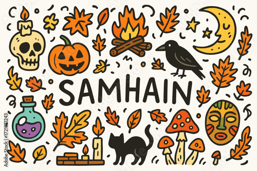 Samhain, autumn celebration icon set. flat halloween, harvest, seasonal icons collection