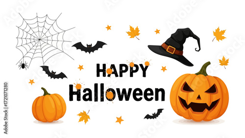 Spooky Halloween Festive: A festive illustration brimming with Halloween elements, including carved pumpkins, whimsical bats, spider web, and autumnal leaves.