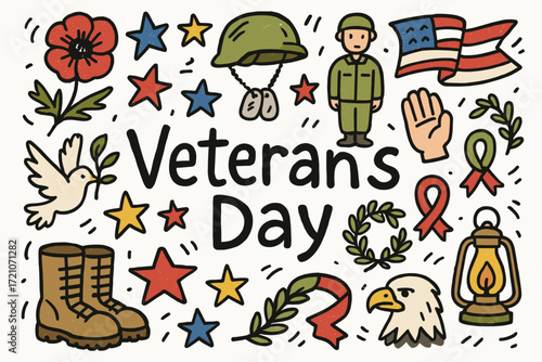 Veterans day flat icon set. patriotic symbols, military, holiday icons collection
