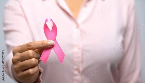 A woman Holding a Pink Ribbon, a Symbol of Support for Breast Cancer Awareness