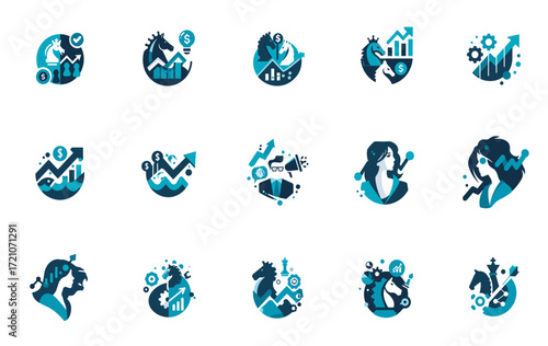 Abstract icons representing business concepts and growth in blue tones  