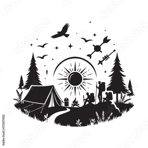 Silhouette of campers enjoying a starry night with a campfire and tent under a sunburst camping