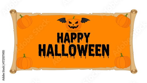Spooky Halloween Banner: A vibrant banner proclaims Happy Halloween, featuring pumpkins, a grinning jack-o'-lantern, and spooky decorative details.