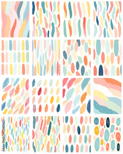 Colorful abstract patterns with dots and brush strokes in pastel tones  