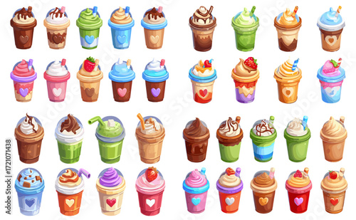 Colorful illustrated ice cream cups in various flavors and designs  