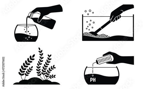 Aquarium care instructions vector illustrations fish tank water