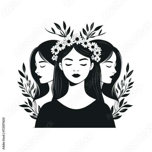 Three women with floral headbands in a serene, black and white illustration  