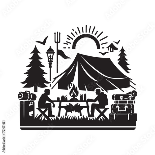 Two campers sharing a meal by a campfire next to a tent with camping gear and a lantern couple