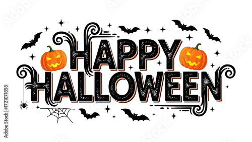 Happy Halloween Banner: An artful graphic design celebrates the festive spirit with a spooky vibe, featuring an ornate Happy Halloween banner with jack-o'-lanterns, spiderwebs, and bats. 