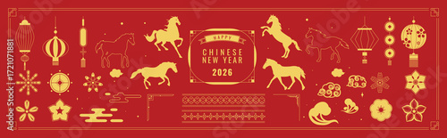 Chinese New Year 2026 element vector set. Year of the horse design. Lanterns, horse, firework, frame, pattern, cloud, coin, flower, pattern. Icons of Asian Lunar New Year holiday decoration. 