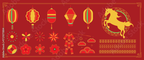Chinese New Year 2026 element vector set. Year of the horse design. Lanterns, horse, firework, frame, pattern, cloud, coin, flower, pattern. Icons of Asian Lunar New Year holiday decoration. 