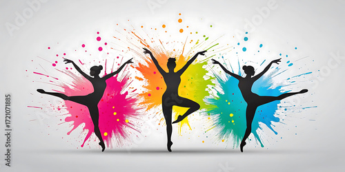 Vibrant dancers silhouetted against colorful paint splashes