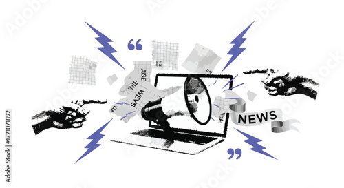 Conceptual illustration of online disinformation and media conflict, with a laptop, megaphone, and weapons.