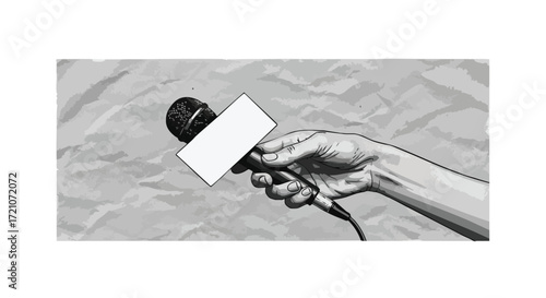 A hand holding a microphone with a blank rectangular space for text, against a crumpled paper background.