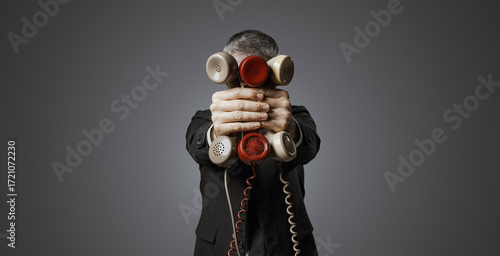 Canvas-taulu Office worker holding many telephone receivers