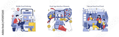 Vector Illustration of Mobile Food Ordering and Trucks