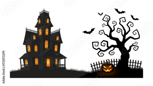 Spooky Halloween Scene: A haunted house and eerie silhouettes of trees, bats, and jack-o'-lantern create an eerie, thrilling scene, evoking the spirit of Halloween.