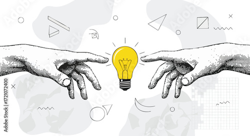 Illustration of two hands reaching for a lightbulb, symbolizing an idea.