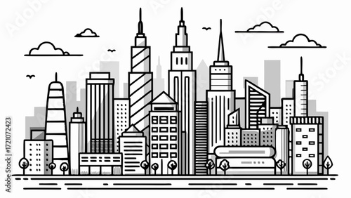 Minimalist black line art New York City skyline, sleek modern outlines, iconic buildings in elegant simplicity, capturing urban energy and architectural beauty in refined contemporary vector style for