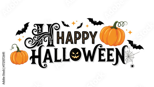 Happy Halloween Wishes: Festive illustration of Halloween's spooky elements: pumpkins, bats and stars, inviting viewers to share this joyous holiday.
