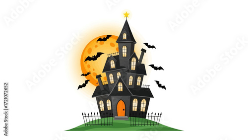 Spooky Haunted House at Night: A whimsical illustration depicts a spooky haunted house silhouetted against a giant moon, with bats taking flight