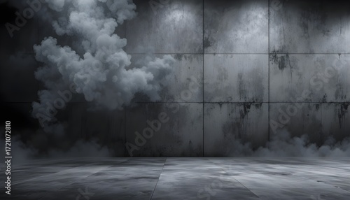 Empty Dark Abstract Cement Wall and Studio Room with Rising Smoke Texture for Product Display Background