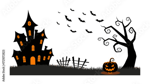 Spooky Halloween Scene: A silhouette of a haunted house, a sinister jack-o'-lantern, bats, and a bare tree, invoking the spine-chilling atmosphere of Halloween.
