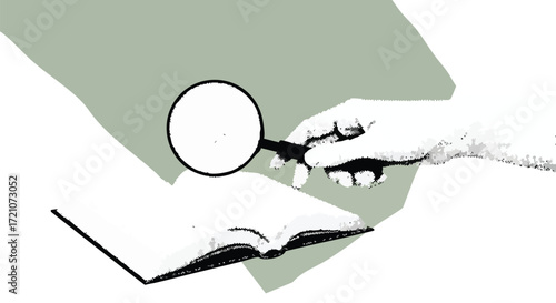 Illustration of a hand holding a magnifying glass over an open book, examining details.