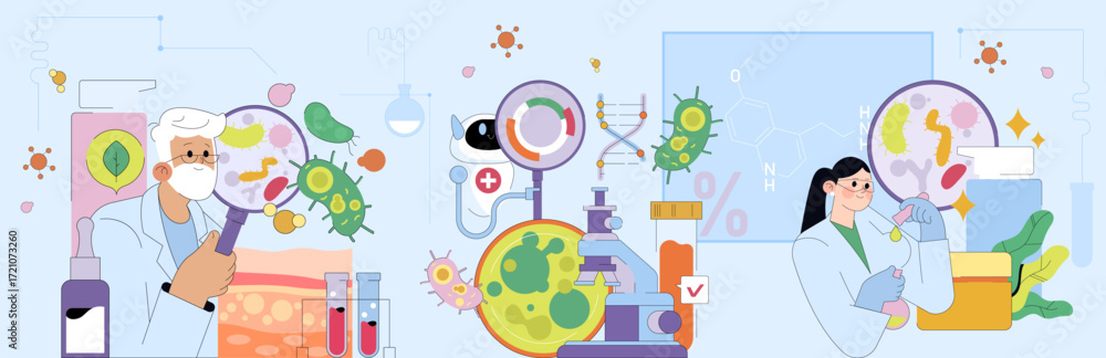Obraz premium Scientists Analyzing Microorganisms with Magnifying Glass