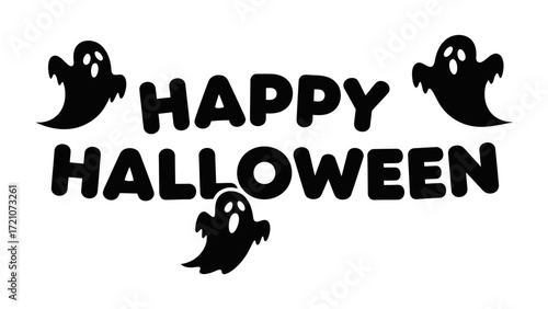 Happy Halloween Wishes: Spooky black ghost surrounds the Happy Halloween greeting on the black ground for greeting card design and party, perfect for seasonal celebrations.