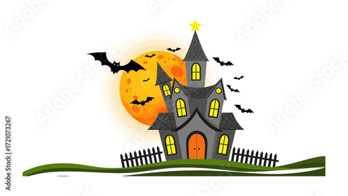 Spooky Night Mansion: A spooky, cartoonish mansion silhouetted against a full moon, with bats fluttering in the night sky. A quintessential Halloween illustration.