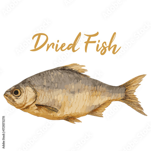 a whole dried fish in watercolor illustration style, isolated vector on white background