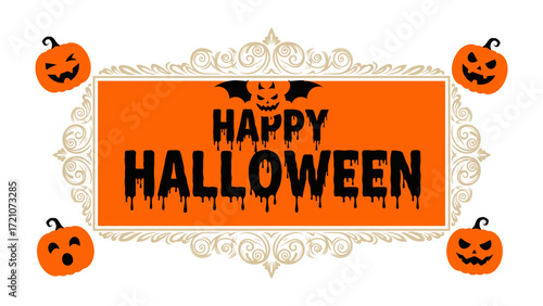 Happy Halloween Greeting with Pumpkins: A festive Halloween greeting card, adorned with an ornate decorative border, showcasing smiling jack-o'-lanterns, a playful bat, and eerie.