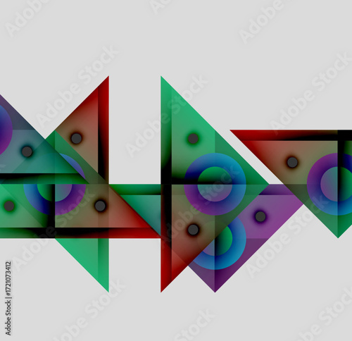 Abstract geometric shapes overlap, creating vibrant colorful pattern. Triangles, circles dominate composition, offering modern aesthetic.